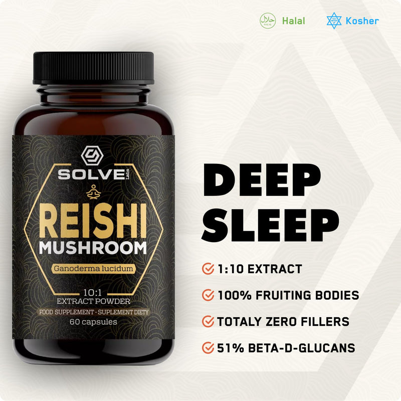 ● Premium Reishi Mushroom Capsules ● 51% Beta-D-Glucans ● 10:1 Concentrate ● No Fillers & Additives ● Vegetarian & Kosher ● 60 Capsules ● 1 Month Supply