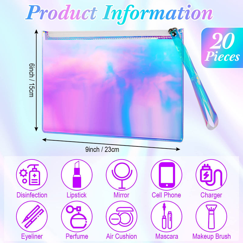 20 Pcs Holographic Makeup Bag Iridescent Cosmetic Pouch with Zipper Transparent Iridescent Purse Portable Travel Clear Pencil Pouch Waterproof Wallet Diaper Organizer for Women