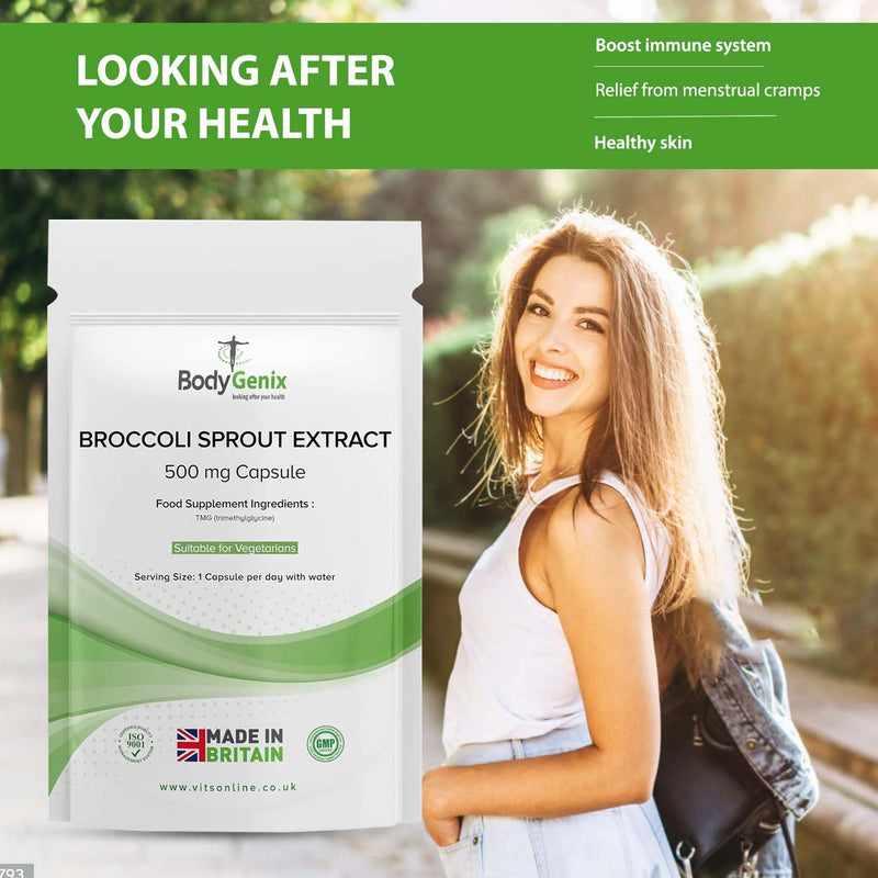 BodyGenix Broccoli Sprout Extract - 500mg Sulforaphane Capsules PMS Support Immune System Antioxidant Boost Natural Food Supplement - 240 Capsules 8 Month Supply