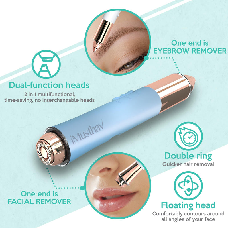 2 in 1 Flawless Eyebrow and Facial Hair Remover for Women Painless Electric Razor Epilator Trimmer Shaver with 18K Gold-Plated, USB Rechargeable, 360° LED for Eyebrow and Face Hair Removal Combo 2 in 1 Crystal Blue