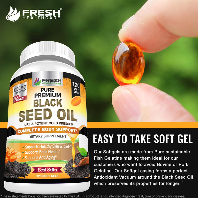 [Australia] - FRESH HEALTHCARE Black Seed Oil Capsules Cold Pressed 1300mg Per Serving, 100% Pure & Premium Non-GMO Nigella Sativa Black Cumin Seed Oil, Supports Immune System, Joint & Skin Health - 120 Capsules 