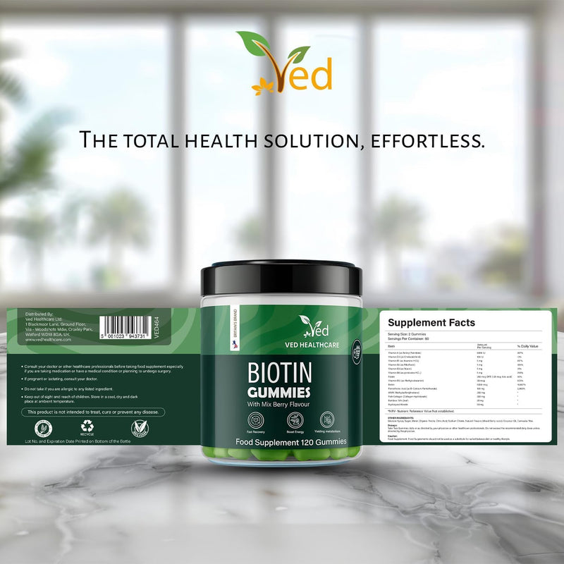 VED Biotin Gummies 5000mcg – 120 Vegan Gummies with 7 Essential Vitamins, Natural Mixed Berry Flavor – Hair, Skin & Nail Support – Non-GMO, Gluten-Free, Vegetarian, 2 Month Supply.