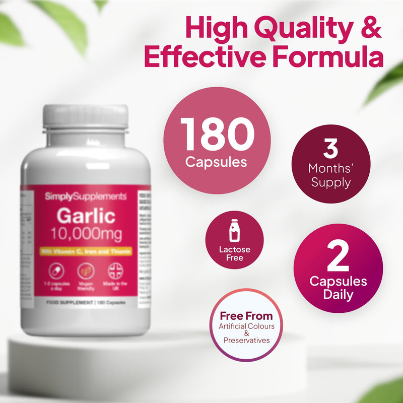 High-Strength Garlic Capsules | Supports Heart, Normal Blood Circulation & Immune Health | with Vitamin C, Iron & Thiamine | Vegan Friendly | 180 Capsules = 3 Months’ Supply | UK Made Unflavoured 180 count (Pack of 1)