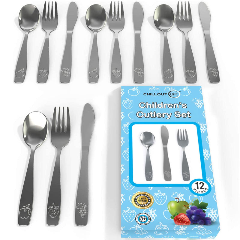 [Australia] - 12 Piece Stainless Steel Kids Silverware Set - Child and Toddler Safe Flatware - Kids Utensil Set - Metal Kids Cutlery Set Includes 4 Small Kids Spoons, 4 Forks & 4 Knives 12 Piece 
