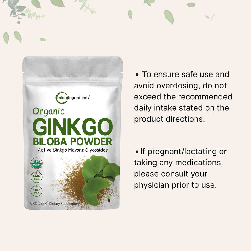 [Australia] - Micro Ingredients Raw Organic Ginkgo Biloba Powder, 8 Ounce (18 Months Supply), Filler Free, Supports Brain Function and Mental Alertness, No GMOs and Vegan Friendly 