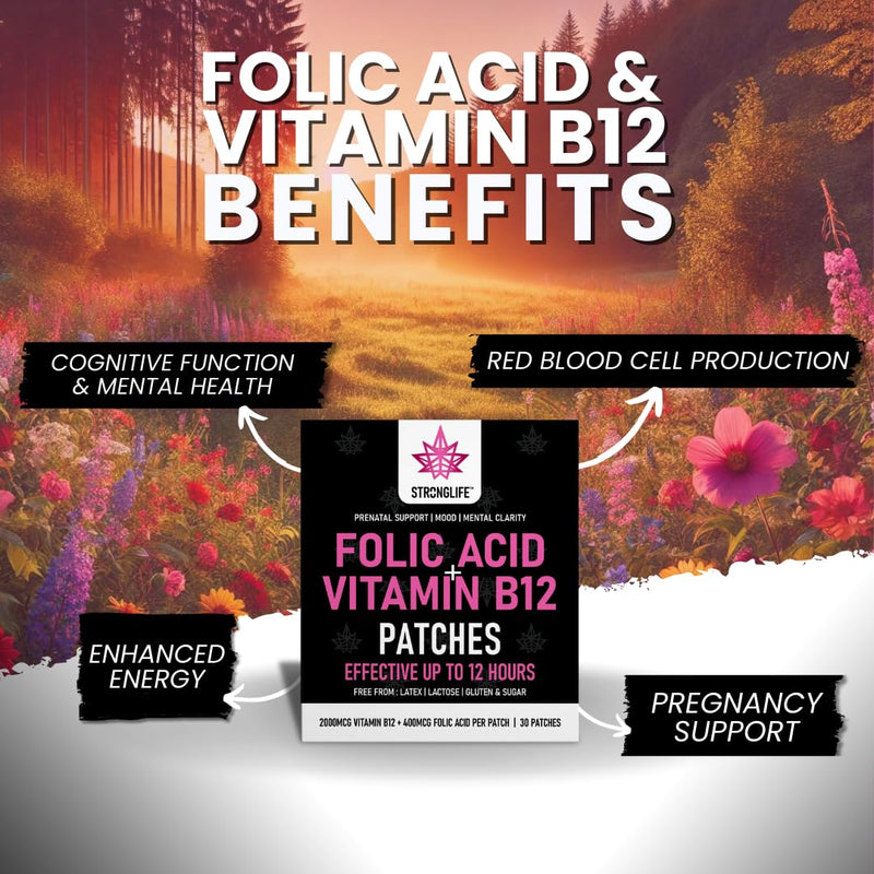 Folic Acid & Vitamin B12 Patches – High Absorption, 12-Hour Release – Supports Energy, Mood, & Immune Health – Easy-to-Use – 30 Patches – Natural Ingredients – Like - Capsules & Powder