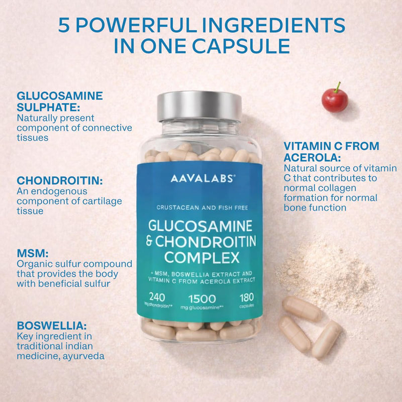 Glucosamine and Chondroitin High Strength + MSM, Boswellia Extract & Vitamin C (3 Capsules Daily) - Fish & Crustacean Allergen Free - 180 Capsules Glucosamine Sulphate 180 count (Pack of 1)
