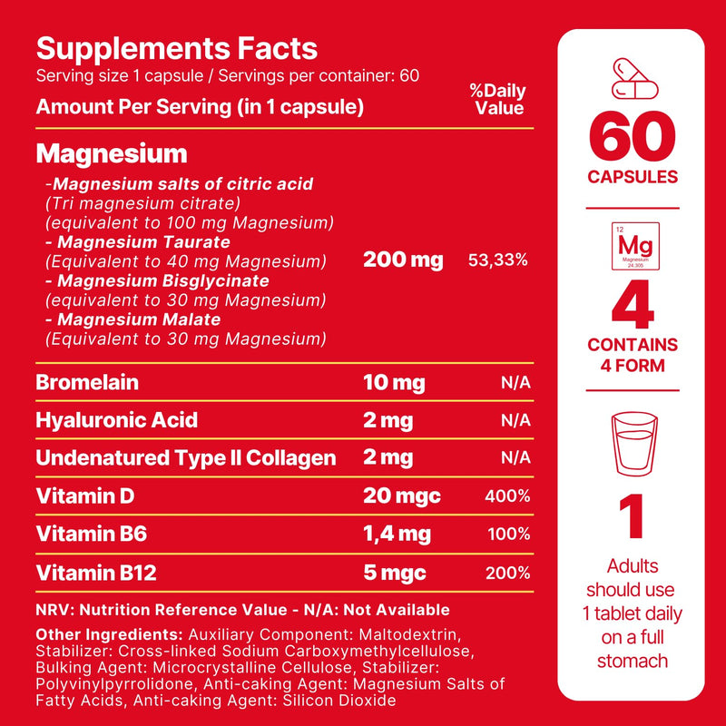 anocin 4X Magnesium Complex 200 mg + Magnesium Glycinate + Citrate + B12 High Absorption + Taurate + Malate + Bromelain+Collagen (Type II)+Hyaluronic Acid+Heart, Muscle+Joint Support, 60-Day