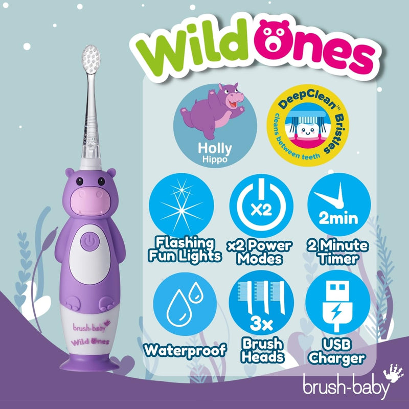 [Australia] - BrushBaby - WildOnes - Kids Rechargeable Electric Toothbrush, Ages 0-10 - Holly Hippo Design with Flashing Lights - DeepClean Bristles for Superior Cleaning - 2 Replacement Brush Heads, 1 USB Cable 