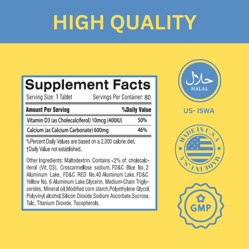 Greenfield Nutritions Halal Calcium Tablets with Vitamin D3 - Halal Calcium 600mg with Vitamin D3 400IU - 90 Halal Vitamins Calcium Tablets for Women and Men, Supports Bone Teeth and Immune Health
