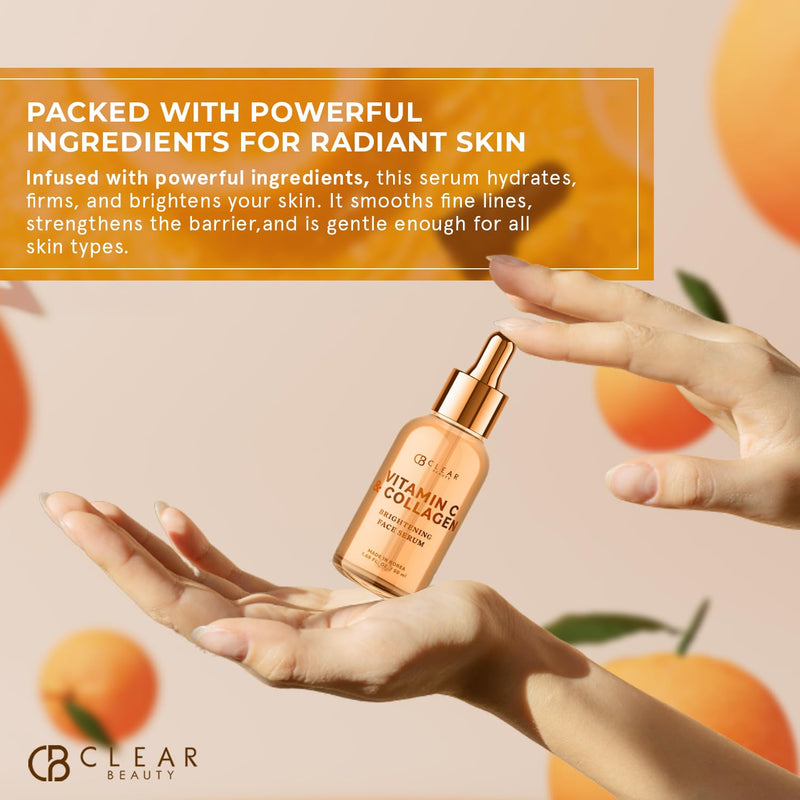 Clear Beauty Vitamin C Serum For Face with Collagen – Dermatologist Tested, Anti Aging, Korean Skin Care – Hydrates, Firms, Targets Dark Spots & Supports Skin Barrier – Vegan, Clean Beauty, 1.69 Fl Oz Vitamin C & Vegan Collagen