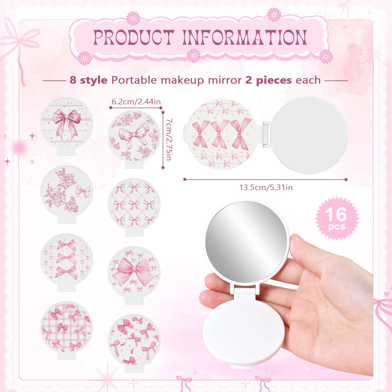 16 Set Pink Bow Party Favors for Women Clear Floral Bow Makeup Bags Mini Compact Mirrors Bulk Waterproof Coquette Pink PVC Cosmetic Bags for Guests Bridesmaids Wedding Party Supplies 16