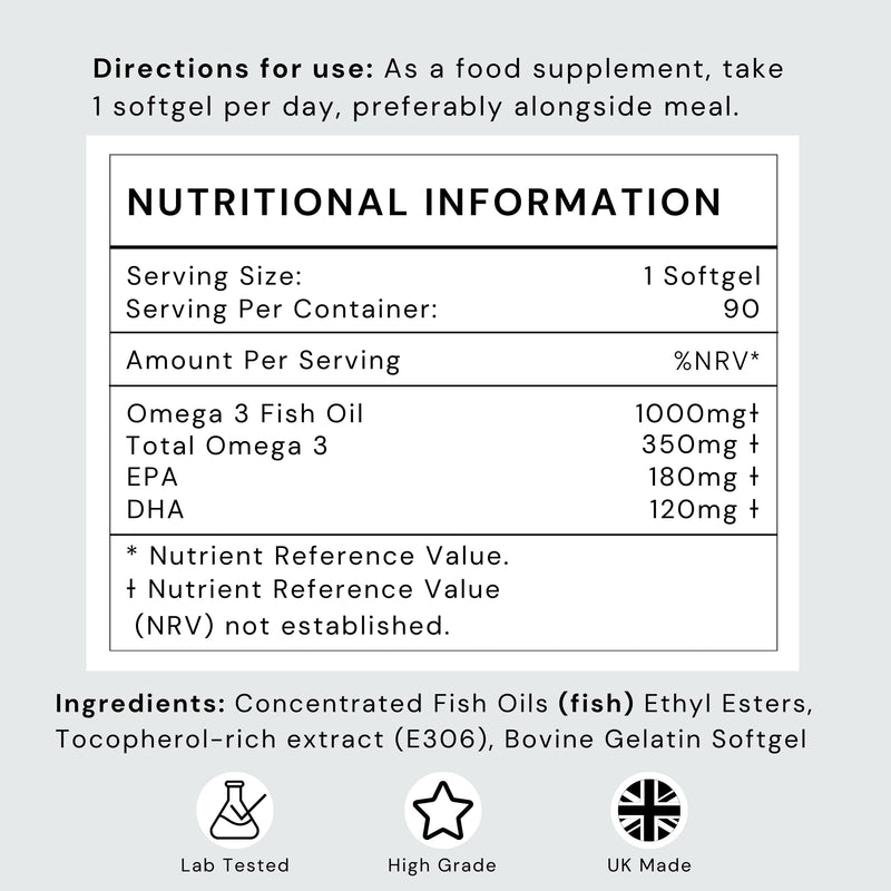 Omega 3 Capsules High Strength with EPA & DHA, (Fish Oil 1,000mg, EPA 180mg, DHA 120mg) Joint Care Supplements, Essential Fatty Acids & Oils Nutritional Supplements (90 Day Supply) UK Made