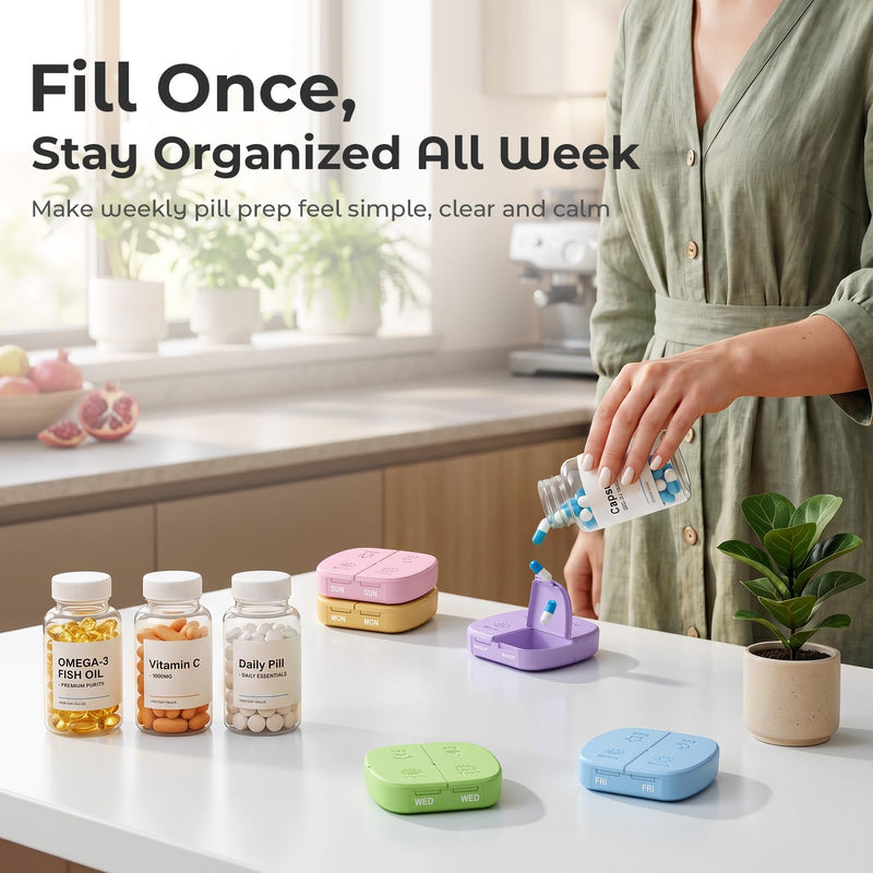 Daviky Pill Organizer 4 Times a Day, Medicine Chest Style,7 Day Pill Box | Removable Daily Cases, Large Capacity, Weekly Pill Case for Vitamins, Fish Oil, Supplements, Candy Colors