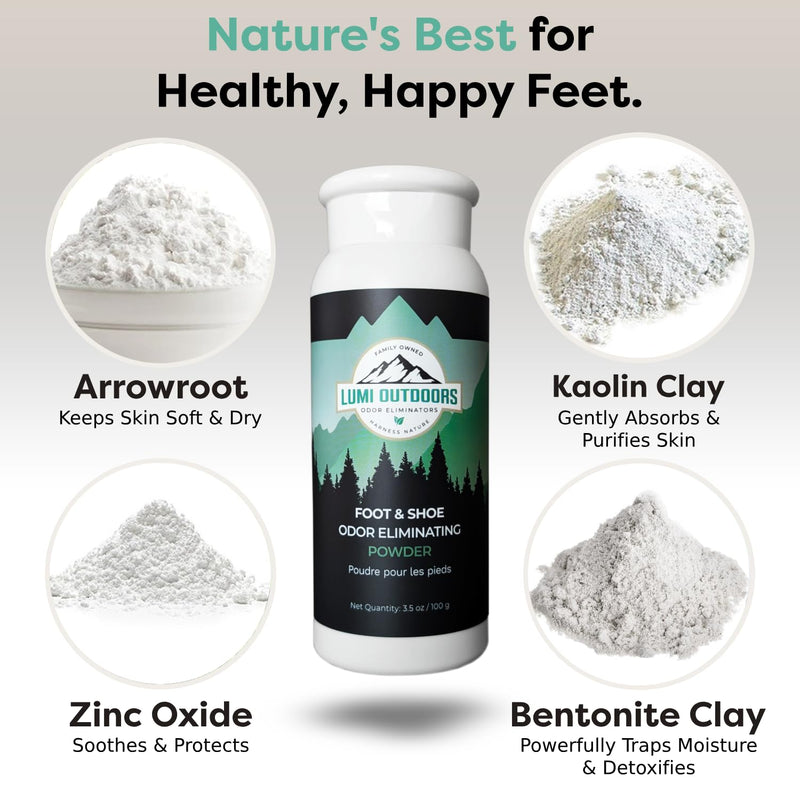 Lumi Outdoors Natural Foot Powder Deodorizer & Shoe Odor Eliminator - Talc Free Foot Deodorant 3.5 Ounce (Pack of 1)