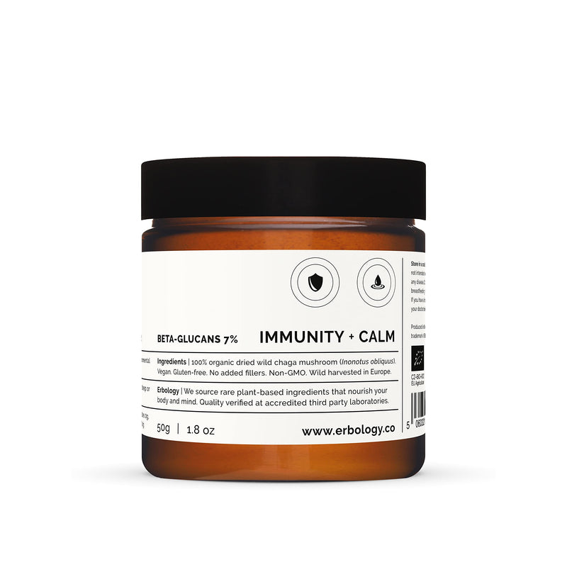 Erbology Organic Chaga Mushroom Powder 50 Servings - 7% Beta-glucans - Immunity Support - Inonotus Obliquus - Small Batch - Sustainably Wild Harvested in Finland - Vegan - Non-GMO - No Added Fillers