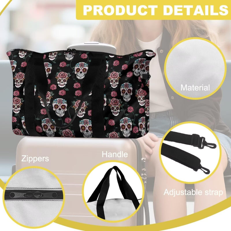 Floral Skull Carry on Tote Bags for Women Men Travel Duffle Bag for Yoga Gym Weekender Bags with Large Capacity Floral Skull