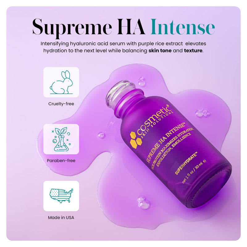 Supreme HA Intense – Hyaluronic Acid Serum with Vitamin E, Purple Rice Extract, Mandelic & Malic Acids – Hydrating and Smoothing Face Serum for Radiant Looking Skin – 1 fl oz