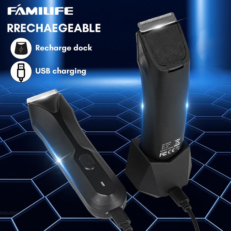 [Australia] - FAMILIFE Body Trimmer for Men, Ball Trimmer Men, Electric Groin & Pubic Hair Trimmers, Replaceable Ceramic Blade Heads, Waterproof Wet/Dry Use, Standing Recharge Dock, 90 Minutes Usage 
