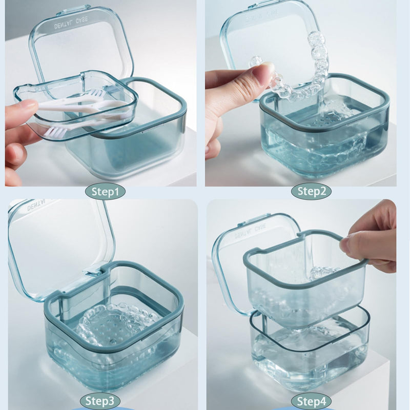 [Australia] - Denture Bath Case Cup Retainer Case Three-Layer Portable Denture Bath Case Denture Cleaning Case Denture Soaking Container Denture Holder with 2 Denture Brush & Denture Extractor 