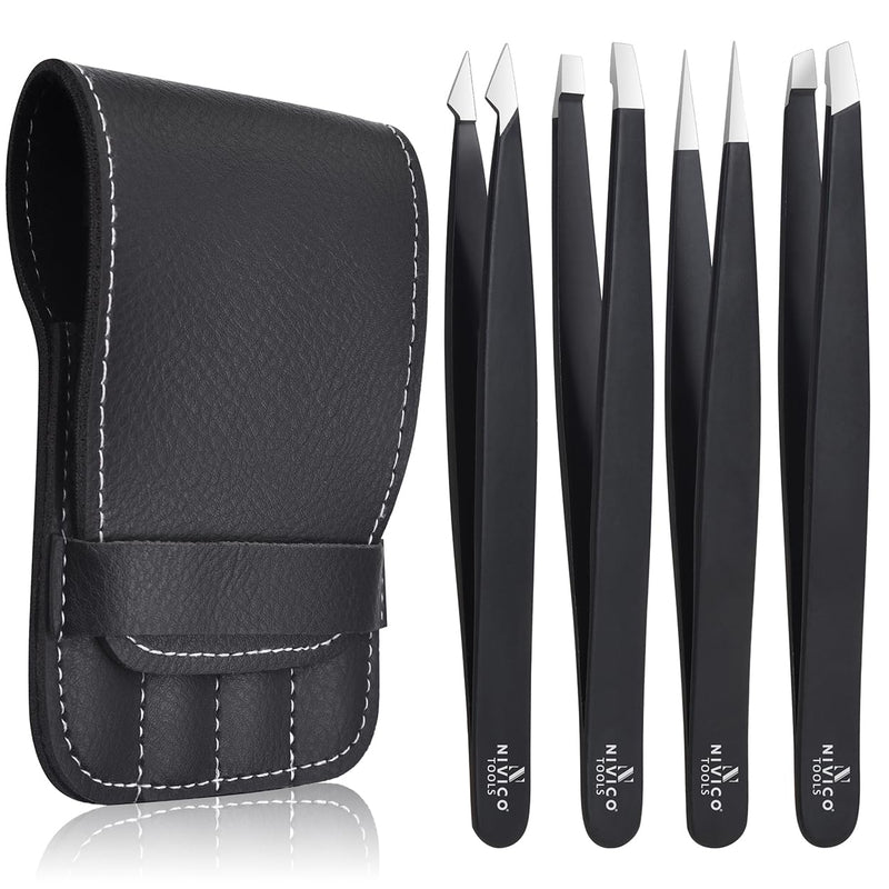 NIVICO Tweezers Set with Leather Pouch – Professional Stainless Steel Tweezers for Eyebrows Precision Facial Ingrown Hair Removal (Black)