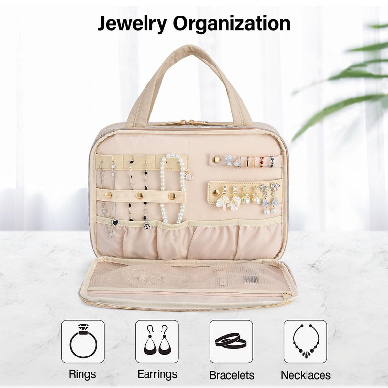 Hanke Hanging Travel Toiletry Bag with Jewelry Organizer, Apricot | Large Capacity, Holds Full-Size Bottles, Water & Stain Resistant, 360° Swivel Hook, Trolley Sleeve, Women's Makeup Organizer