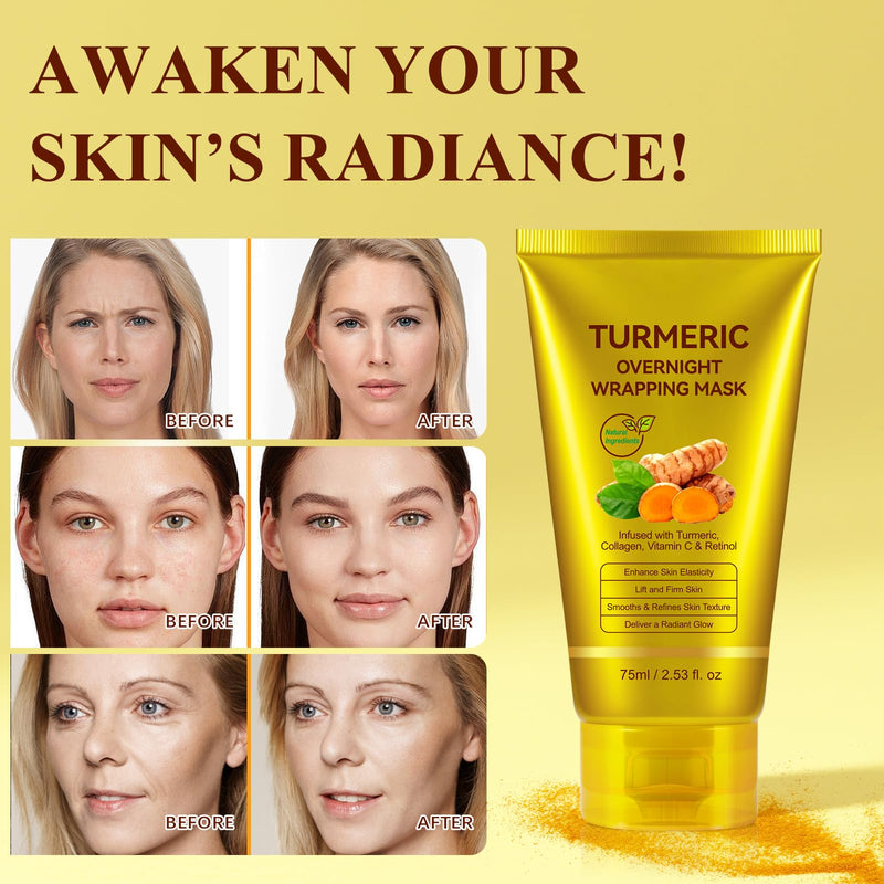 Turmeric Vitamin C Collagen Overnight Wrapping Peel Off Mask with Retinol for A Clear, Dewy, Radiant Complexion Against Roughed & Stressed & Saggy Skin, Anti-Aging/Wrinkles/Fine Lines, 2.53 Oz/75 ML 2.53 Ounce (Pack of 1)