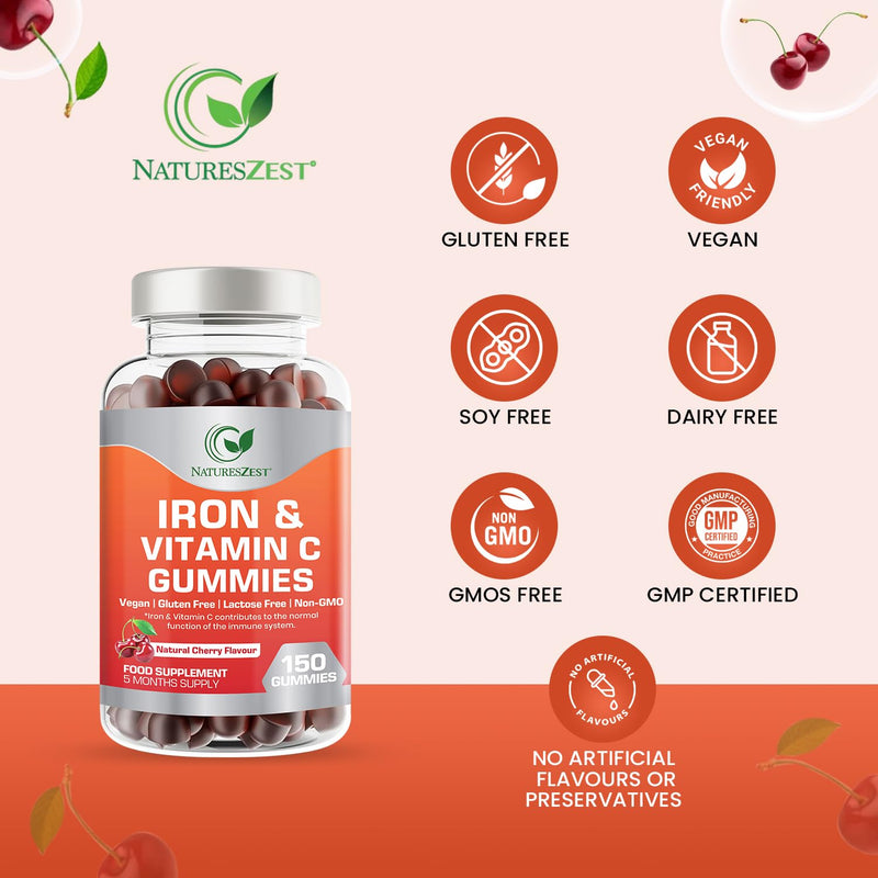 Iron & Vitamin C Gummies for Adults & Kids - 150 Chewable Gummies for Energy & Immune Support | Vegan Iron Supplement |Natural Cherry Flavour, Non-GMO -5 Month Supply - By Natures Zest