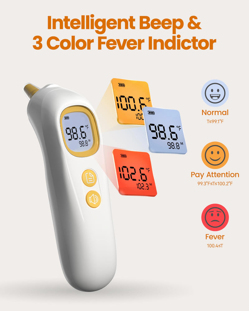 [Australia] - Ear Thermometer, Highly Accurate Thermometer for Kids, Adults and Toddlers, 32 Memory Recall, 1s Fast, 3 Color Fever Alarm with Mute Mode, 21 Disposable Probe Covers ET107 