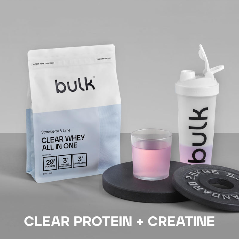 Bulk Clear Whey All in One, Protein Powder Shake with Creatine, Glutamine, BCAA, Carbohydrates, Strawberry & Lime, 500 g, 10 Servings, Packaging May Vary