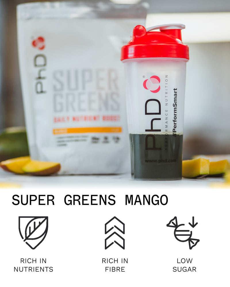 PhD Nutrition Super Greens Powder, Mango Flavour, High Fibre Low Sugar, Blend of 18 Nutrient Rich Fruits and Vegetables, 300 g
