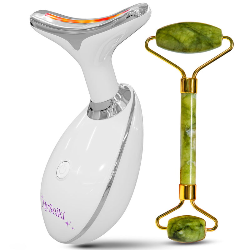 7 LED Light Beauty Tool – Face and Neck Massager with Jade Roller, Case, and Cloth (White) White