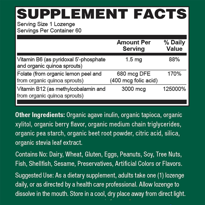 PlantFusion Organic Methylated Vitamin B Complex – Vegan B12 3000mcg, Folate 680mcg DFE, B6 from Organic Sprouts – Berry-Flavored Lozenges – 60 Count