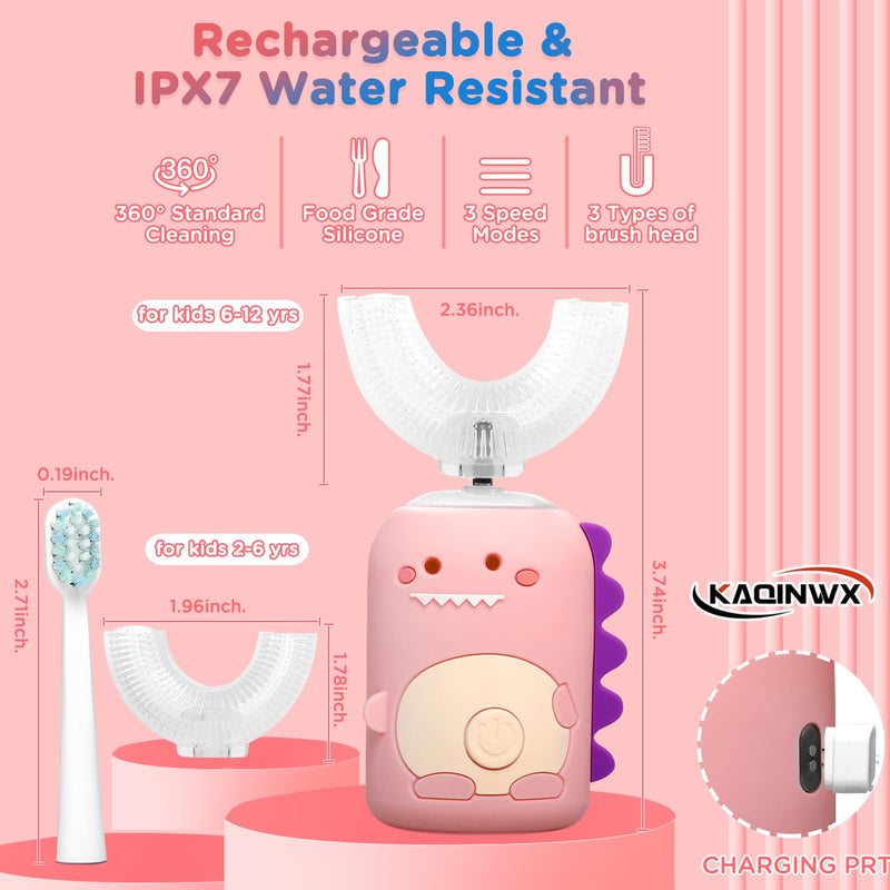 Kids U Shaped Electric Toothbrush for Age 2-12, Rechargeable Toddler Toothbrush with Smart Timer & 3 Clean Modes, Dinosaur Design, IPX7 Waterproof, 3 Brush Heads & 360°Cleaning Dinosaur-pink