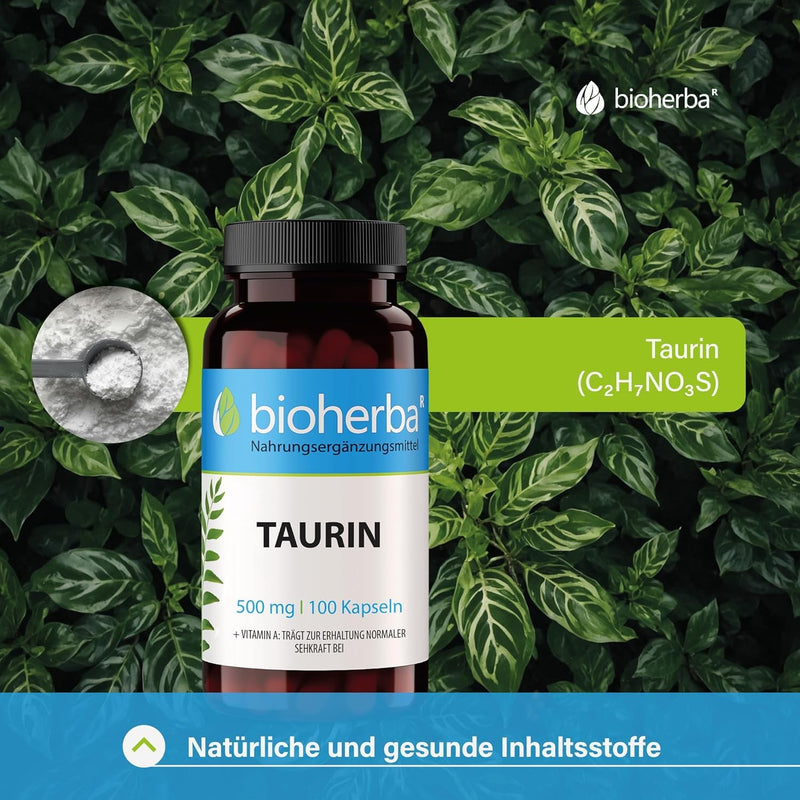 [Australia] - Taurine capsules, high dose 500 mg with vitamin A amino acids Taurine 100 capsules = 100 daily supply - for sports and fitness - pre-workout booster without caffeine - micronutrients - amino acid from BIOHERBA 
