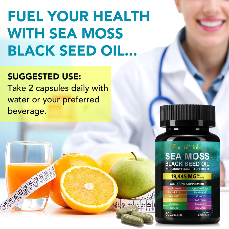 [Australia] - Sea Moss Black Seed Oil Ashwagandha Turmeric Bladderwrack Burdock Root Capsule with Chlorophyll,Elderberry,Manuka,Dandelion,Ginger,Vitamin C Vitamin D3,Immunity & Energy Support, 60 Counts 60 Count (Pack of 1) 
