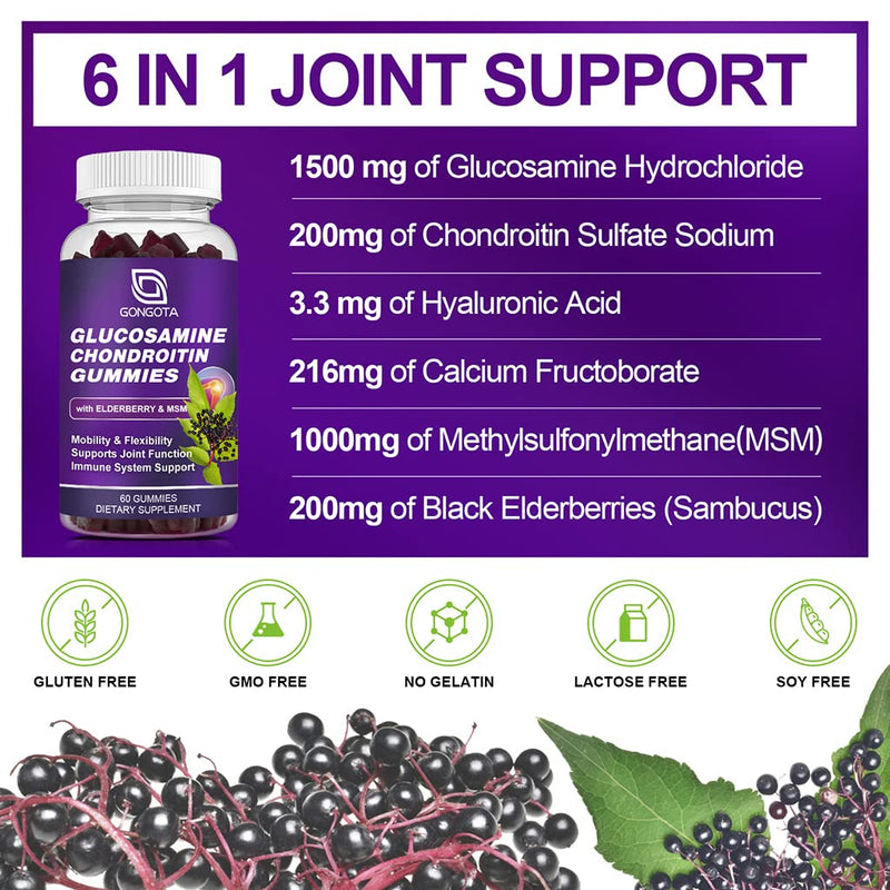 [Australia] - Glucosamine Chondroitin Gummies - 2- Pack, Extra Strength 1500mg Glucosamine with MSM & Elderberry, Joint Support Supplement, Best Cartilage & Immune Support Supplement for Men and Women - 120 count 60 Count(pack of 2) 