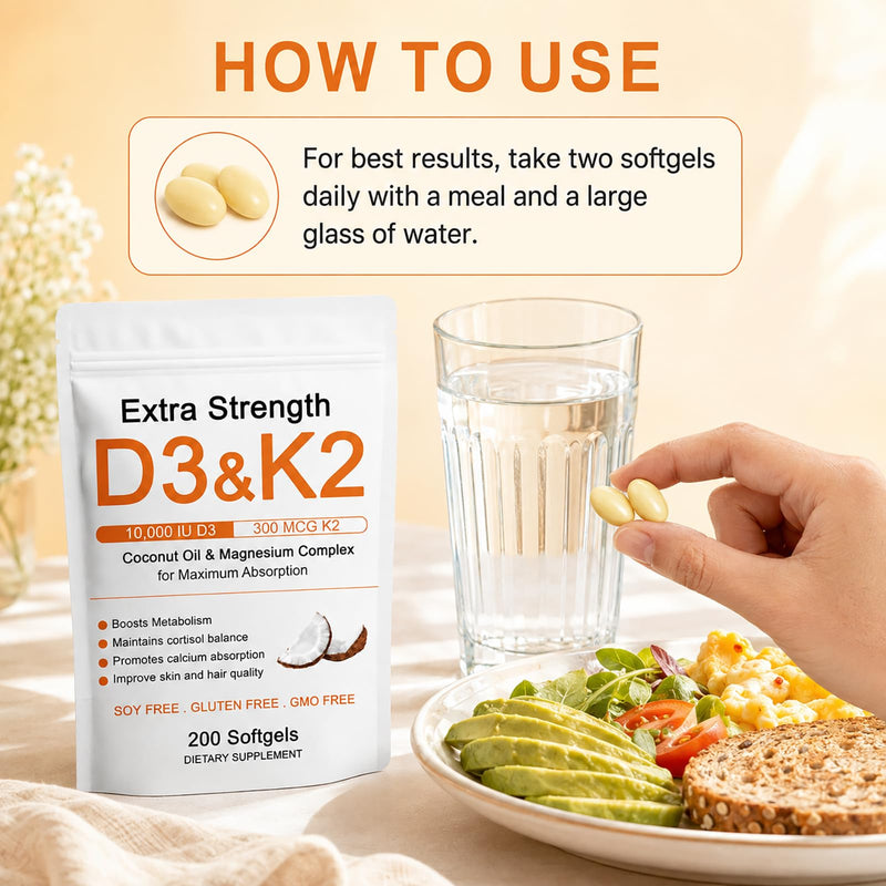 D3 K2 Magnesium Supplement, D3 K2 Vitamin 10000 IU Softgels, Promote Calcium Absorption, Cortisol Balance, Boost Metabolism, Extra Strength Triple Magnesium & Coconut Oil, 200 Softgels (1) (1) 1