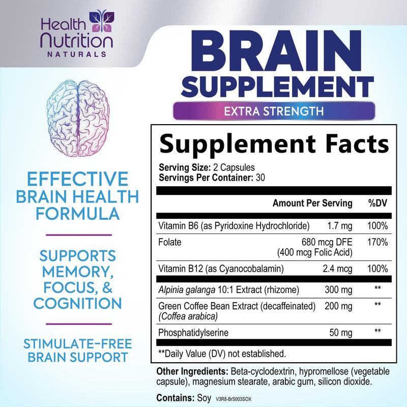 Brain Memory Supplement - 3X Strength Nootropics for Concentration, Clarity & Focus Support - Brain Health Cognitive Vitamins B6 & B12 with Phosphatidylserine & Folate, Brain Booster, 60 Capsules 60 Count (Pack of 1)