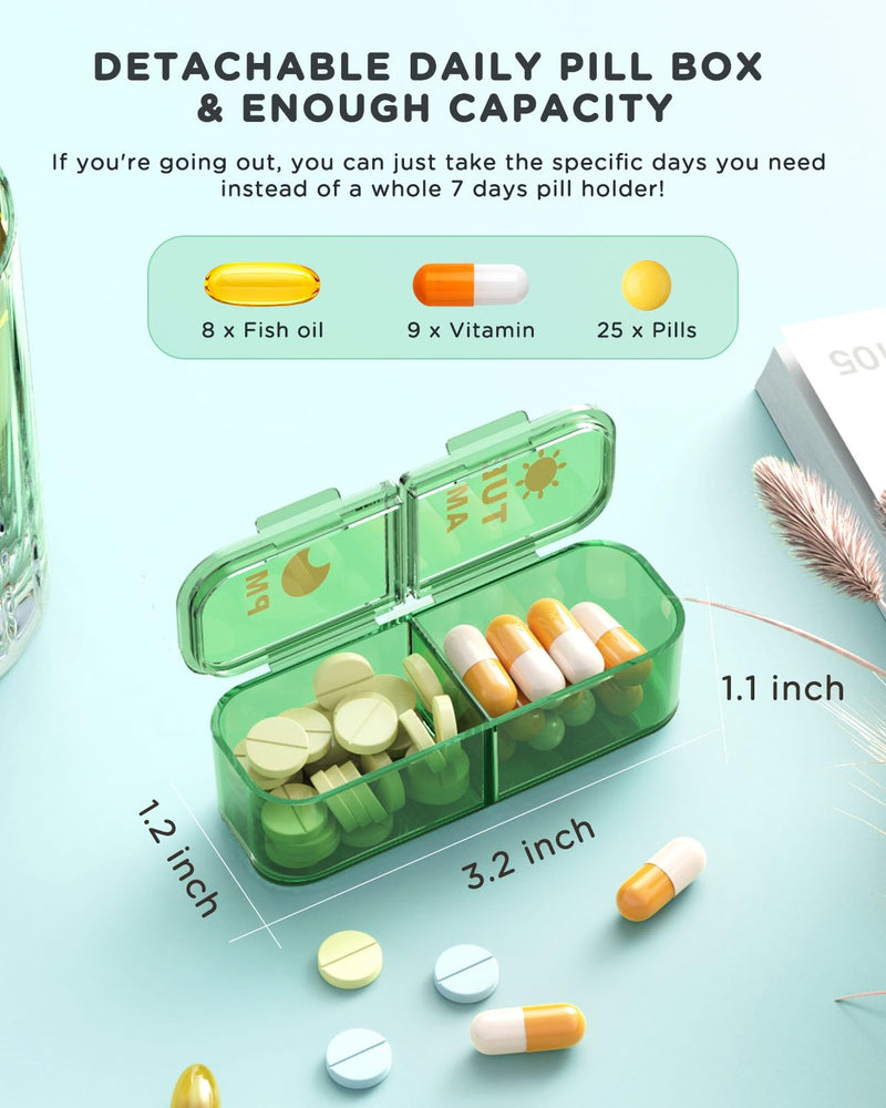 Acedada Pill Organizer 2 Times A Day, 7 Day Am Pm Pill Box, Green | Weekly Pill Organizer with Separate Container, Portable Daily Medicine Dispenser Case for Vitamin, Fish Oils, Supplements