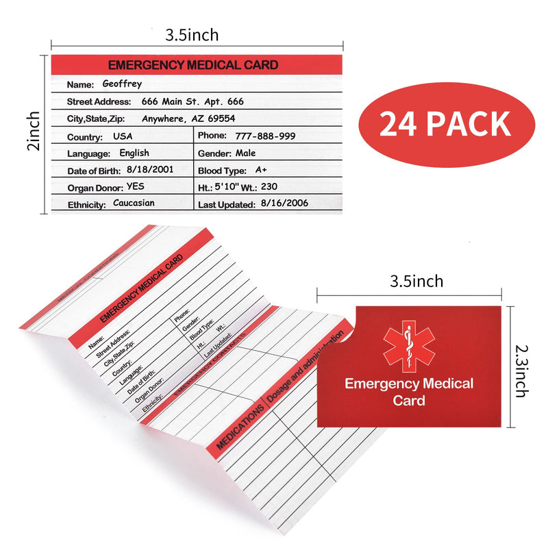[Australia] - 24 Pack Red Medical Condition and Emergency Contact Id Wallet Card Emergency Medical Information Card Medical Alert Wallet Card Pocket Size Medication List and Medical Cards for Caretakers 