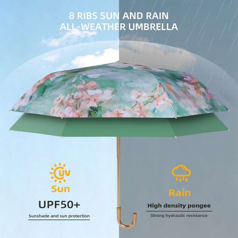 Manual Folding Floral Oil Painting Umbrella for Women - UV Protection Rain Sun Umbrella with Golden Hook Handle Lightweight Fiberglass Frame Green