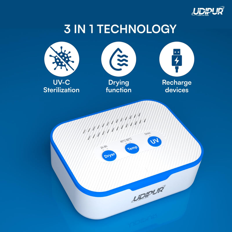 Drying Station for Hearing Aids UV Sterilisation Cleaning and Charging Udipur 3in1 Technology USB Type-C Maximum Temperature 50°C - 110x90x40mm