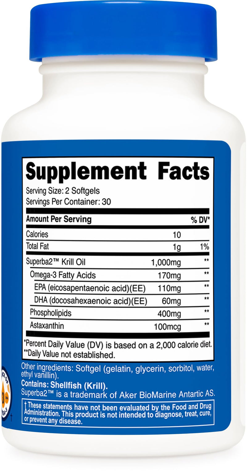 Nutricost Krill Oil 1000mg, 60 Softgels - Omega-3 EPA-DHA Krill Oil Supplement, with Superbakrill 60 Count (Pack of 1)