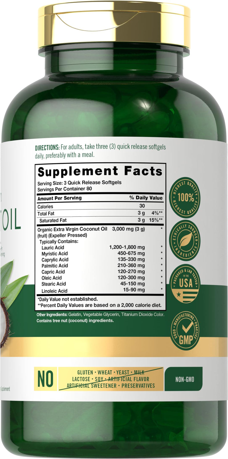 Carlyle Coconut Oil Extra Virgin Softgel Capsules | 3000mg | 240 Count | Naturally Occurring MCTs | Non-GMO and Gluten Free Supplement