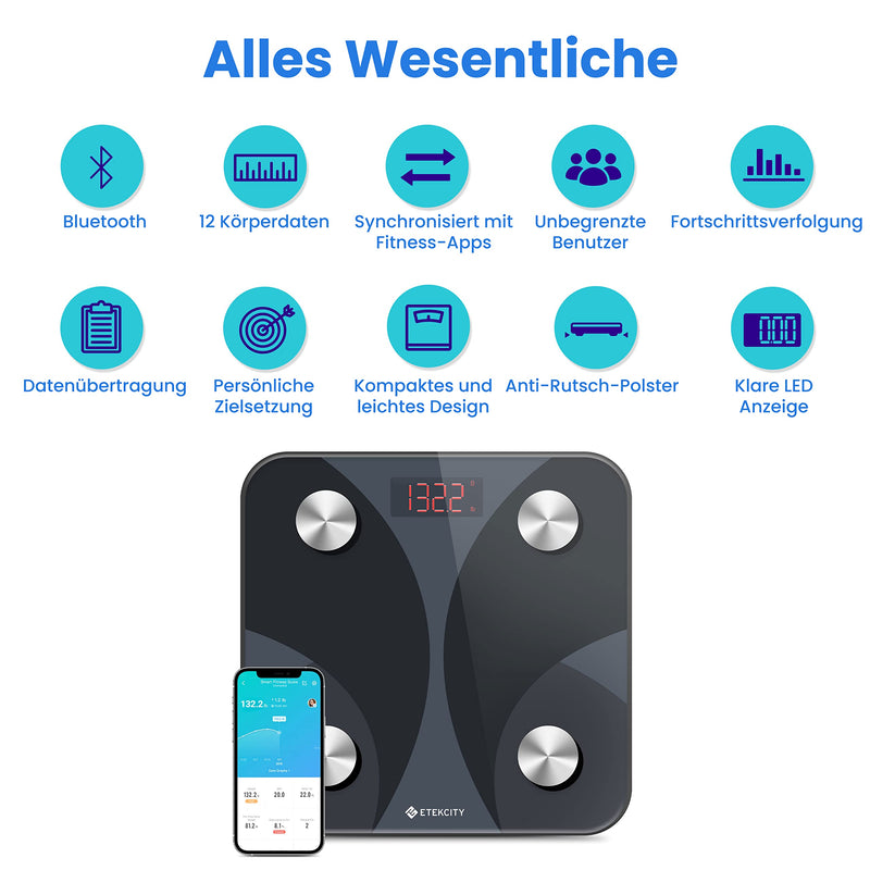 [Australia] - ETEKCITY body fat scales, digital personal scales with APP, personal smart scales with body fat and muscle mass, Bluetooth body analysis scales for BMI, protein, 180 kg/400 lb, black 