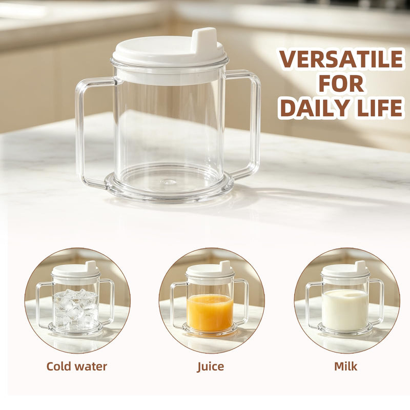 Adult Sippy Cup for Elderly, 10 oz Plastic Spill Proof Cups with 2 Handles for Adult Elderly Care Hospital Drinking Mug Easy to Grasp Handles for Hot and Cold Beverages