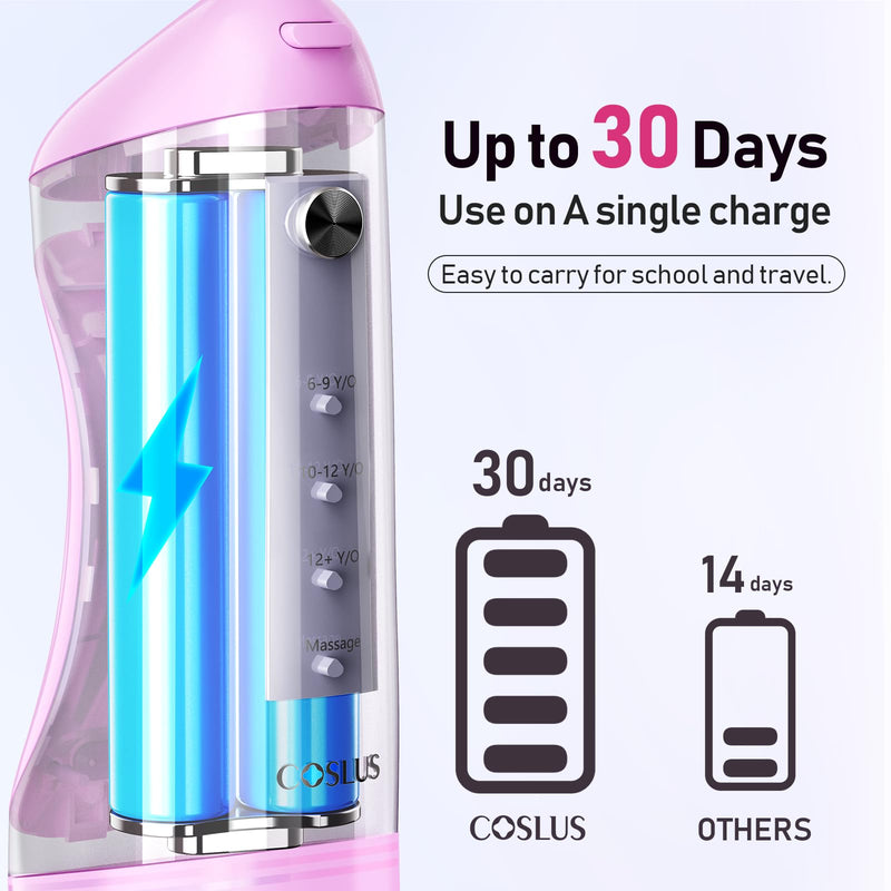 [Australia] - COSLUS Kids Water Dental Flosser Deep Cleaning Picks, Portable, 4 Modes for Ages 6+ Safe Waterproof Flosser Rechargeable with 4 Jet Tips for Gums Care F5023 Pink Purple 