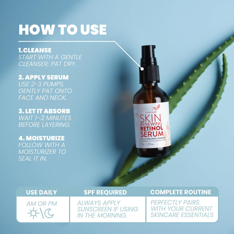 Eva Naturals Retinol Serum, Hyaluronic Acid, Vitamin E & Anti-Aging, 1 oz | Night use, dark spot correction, fine lines, wrinkles, resurfacing, acne marks & scars, brightening Original (Fragrance-Free) 1 Fl Oz (Pack of 1)