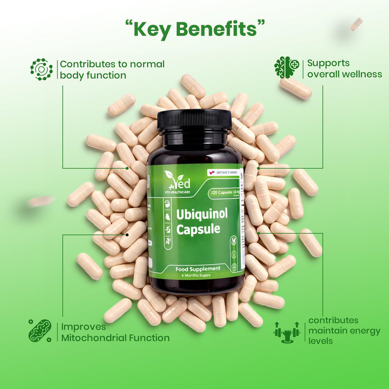 VED Ubiquinol 150 mg Vegan 120 Capsules, Active Form CoQ10 Supplement, High Absorption & Enhanced Bioavailability, Antioxidant & Cellular Energy Support, Non-GMO,